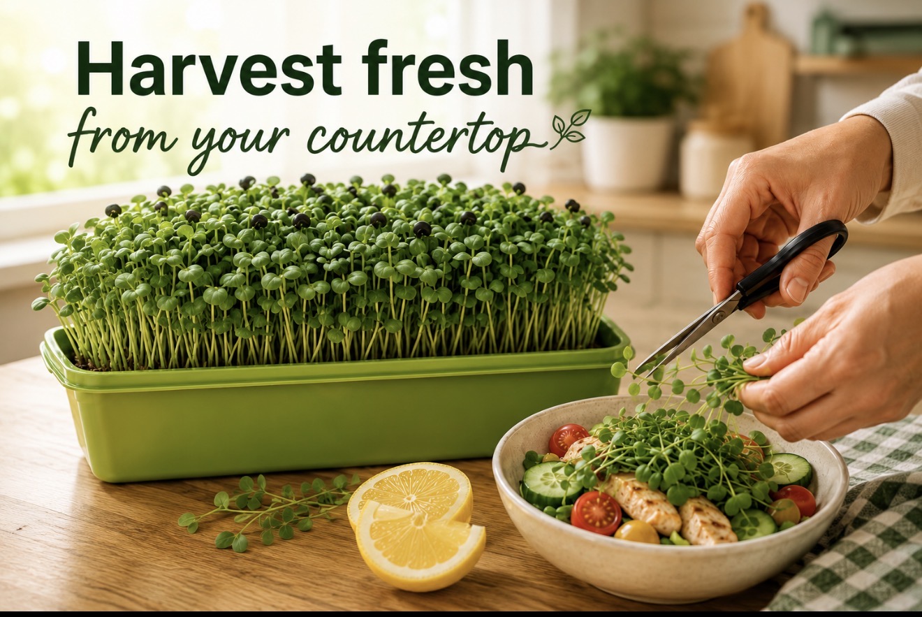 Person harvesting fresh living microgreens in a kitchen