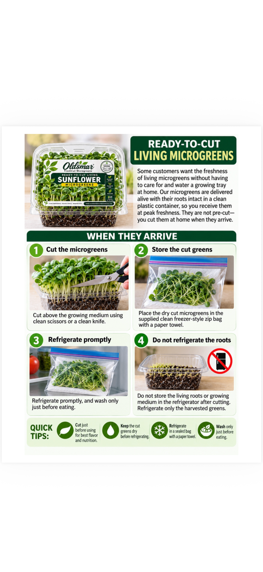 Ready-to-Cut Living Microgreens instruction card: four steps for cutting, storing, refrigerating the greens, and not refrigerating the roots, plus quick tips