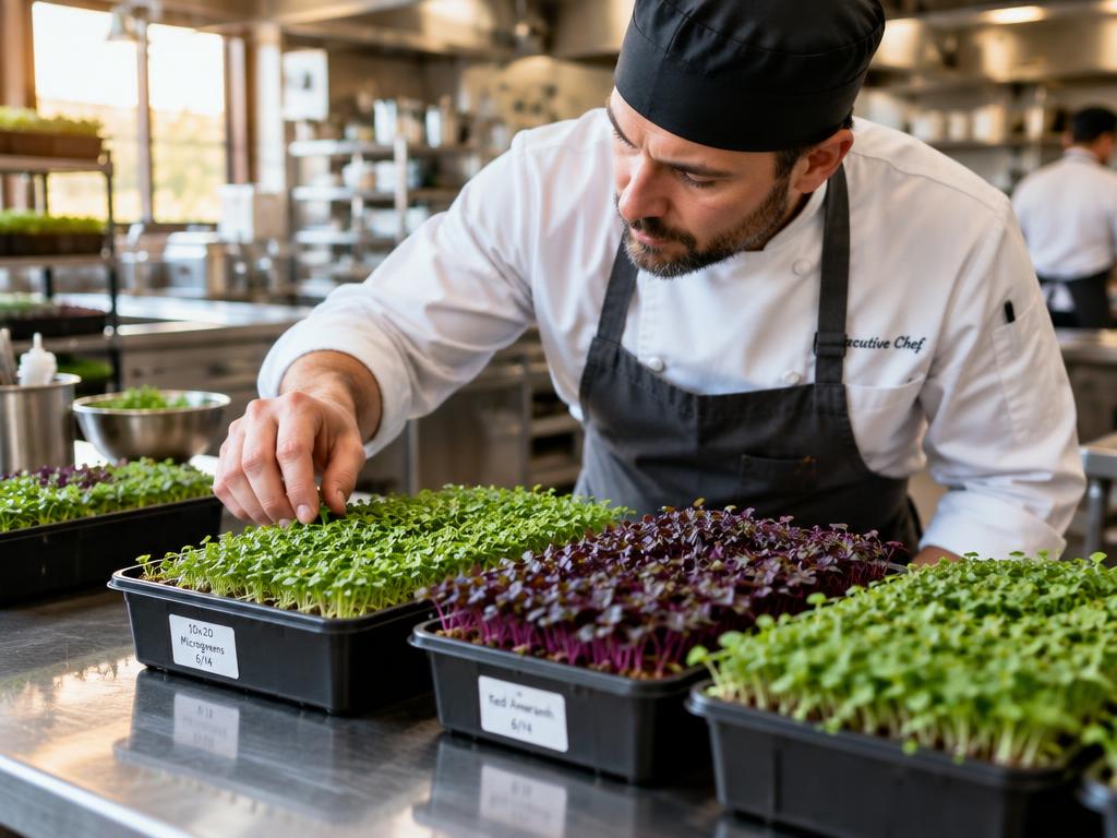 Chef inspecting living microgreen trays in a professional kitchen