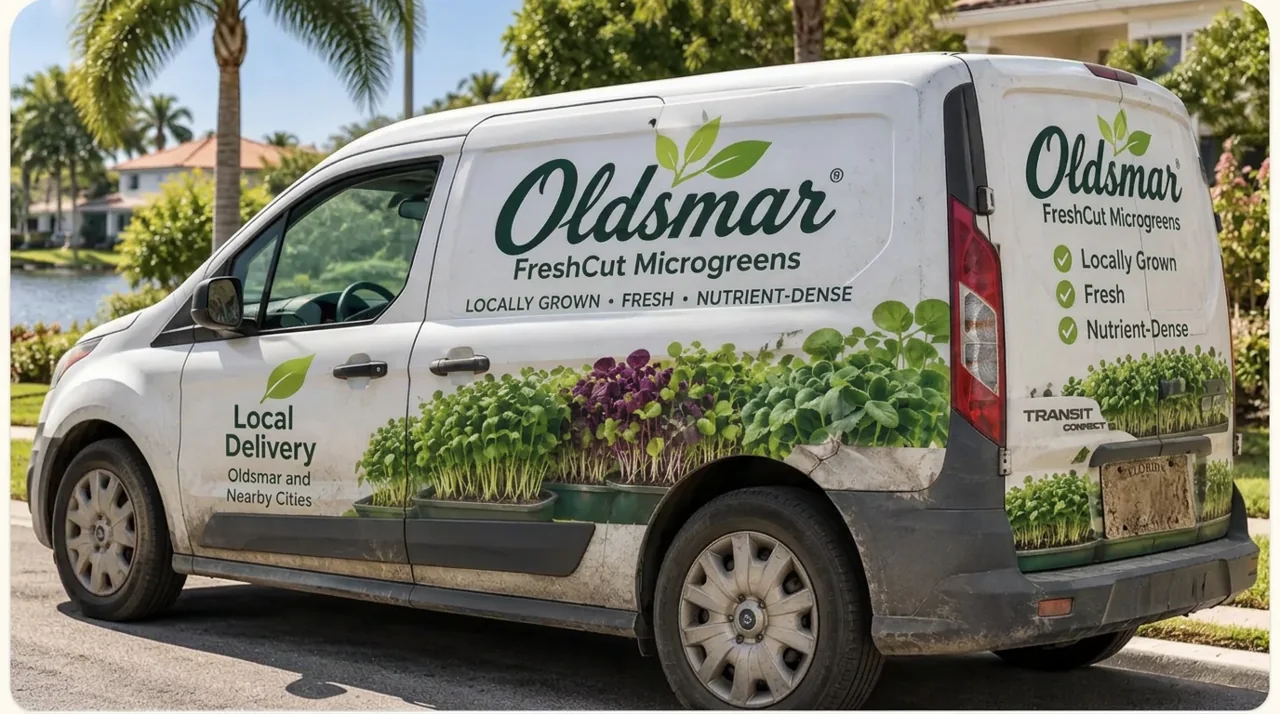 Oldsmar FreshCut Microgreens delivery van with the farm logo, parked on a residential street