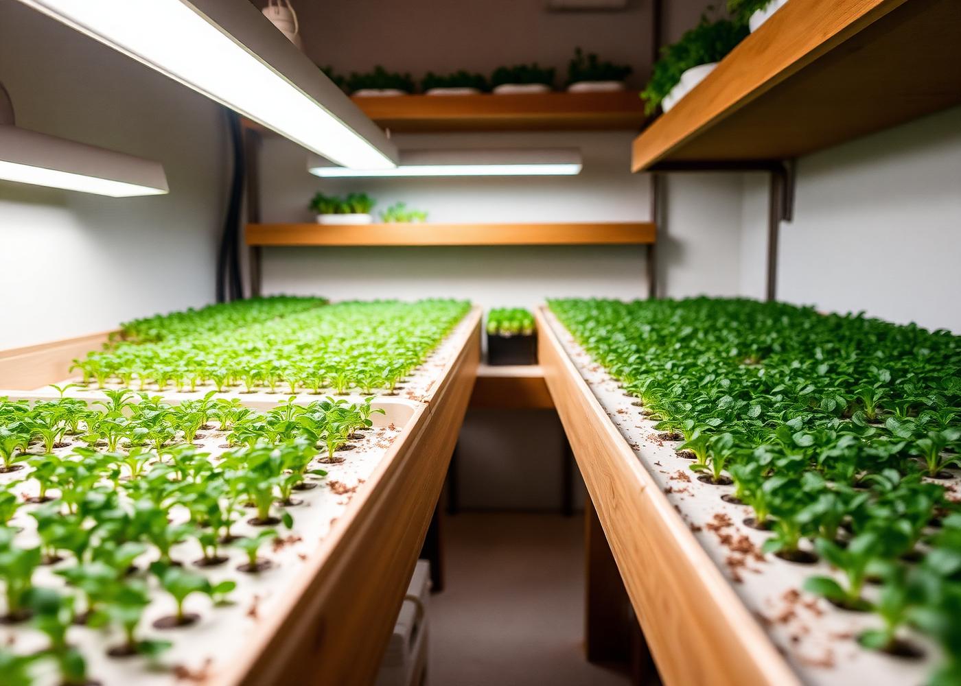 Microgreens trays under grow lights at the farm