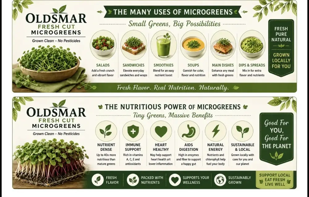 Infographic showing the many uses and nutritious benefits of microgreens