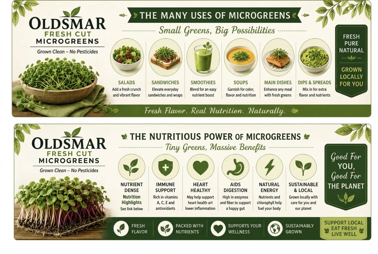 Infographic showing the many uses and nutritious benefits of microgreens
